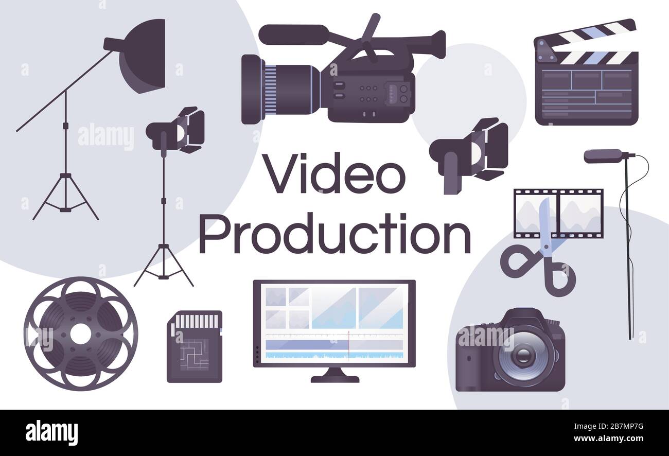 Set di icone di concept flat per apparecchiature di produzione video Illustrazione Vettoriale