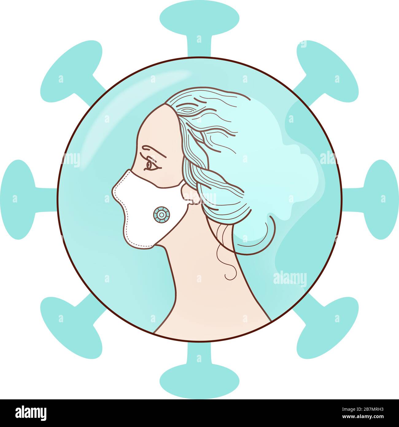 Virus di protezione, coronavirus, COVID-19. Illustrazione vettoriale di un profilo di una donna in una maschera protettiva e di una bolla trasparente di isolamento. Illustrazione Vettoriale