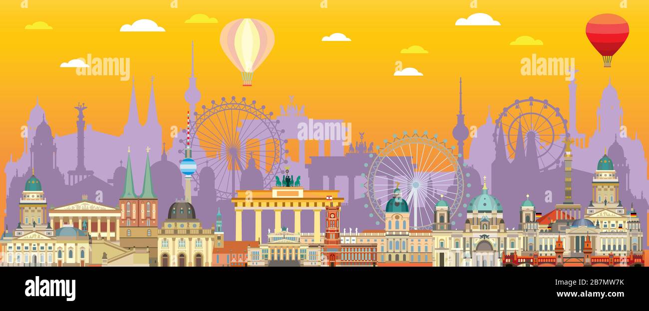 Illustrazione del viaggio dello skyline panoramico di Berlino con i principali monumenti architettonici in stile piatto. Vista frontale dei punti di riferimento della città di Berlino, touris tedeschi colorati Illustrazione Vettoriale