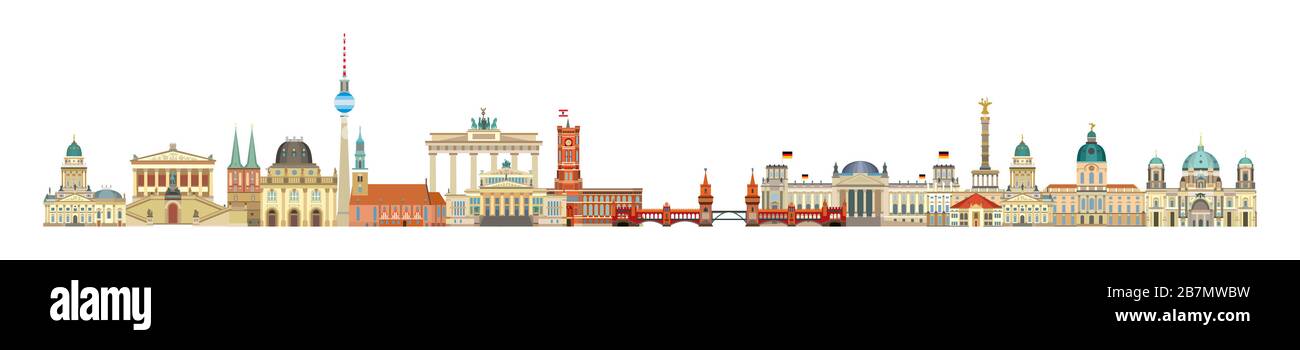 Illustrazione del viaggio dello skyline panoramico di Berlino con i principali monumenti architettonici in stile piatto isolati su sfondo bianco. Punto di riferimento della città di Berlino Illustrazione Vettoriale