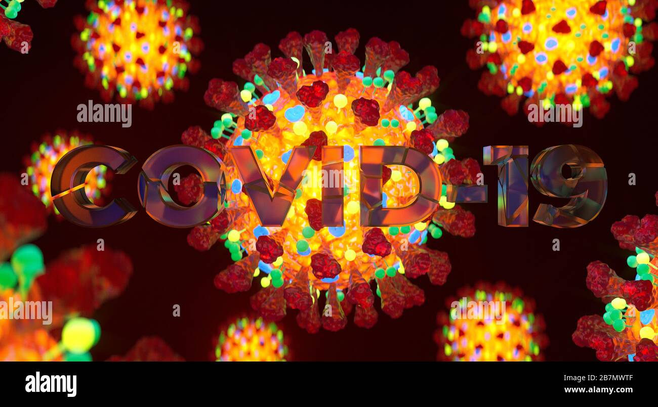 Banner del virus Coronavirus Covid-19. Rendering 3d macro realistico di 2019-nCov. Concetto medico pandemico. Foto Stock