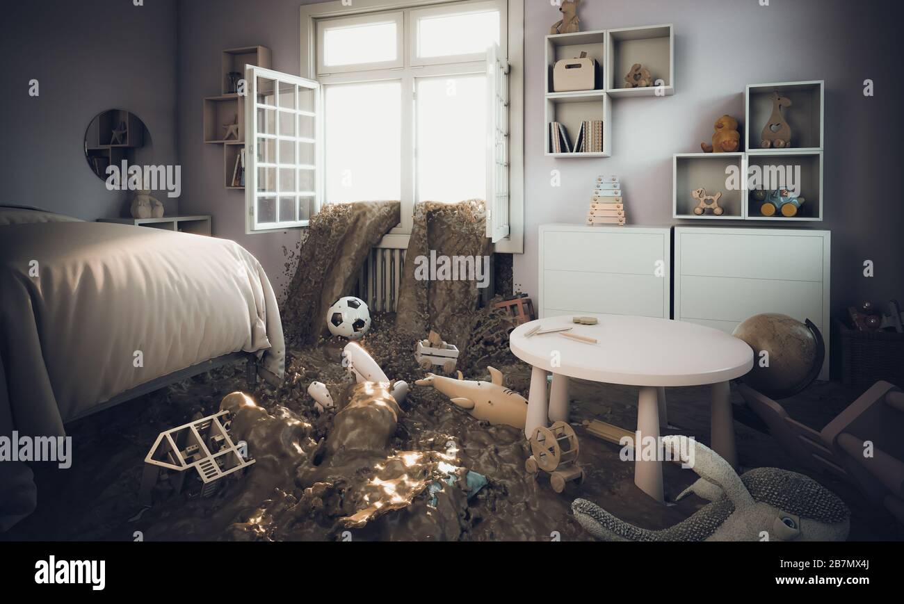 immagine 3d dell'interno della camera da letto di una ragazza con giocattoli, allagata da una grande quantità di fango che entra nella finestra. Concetto di catastrofe e catastrofe domestica. Foto Stock