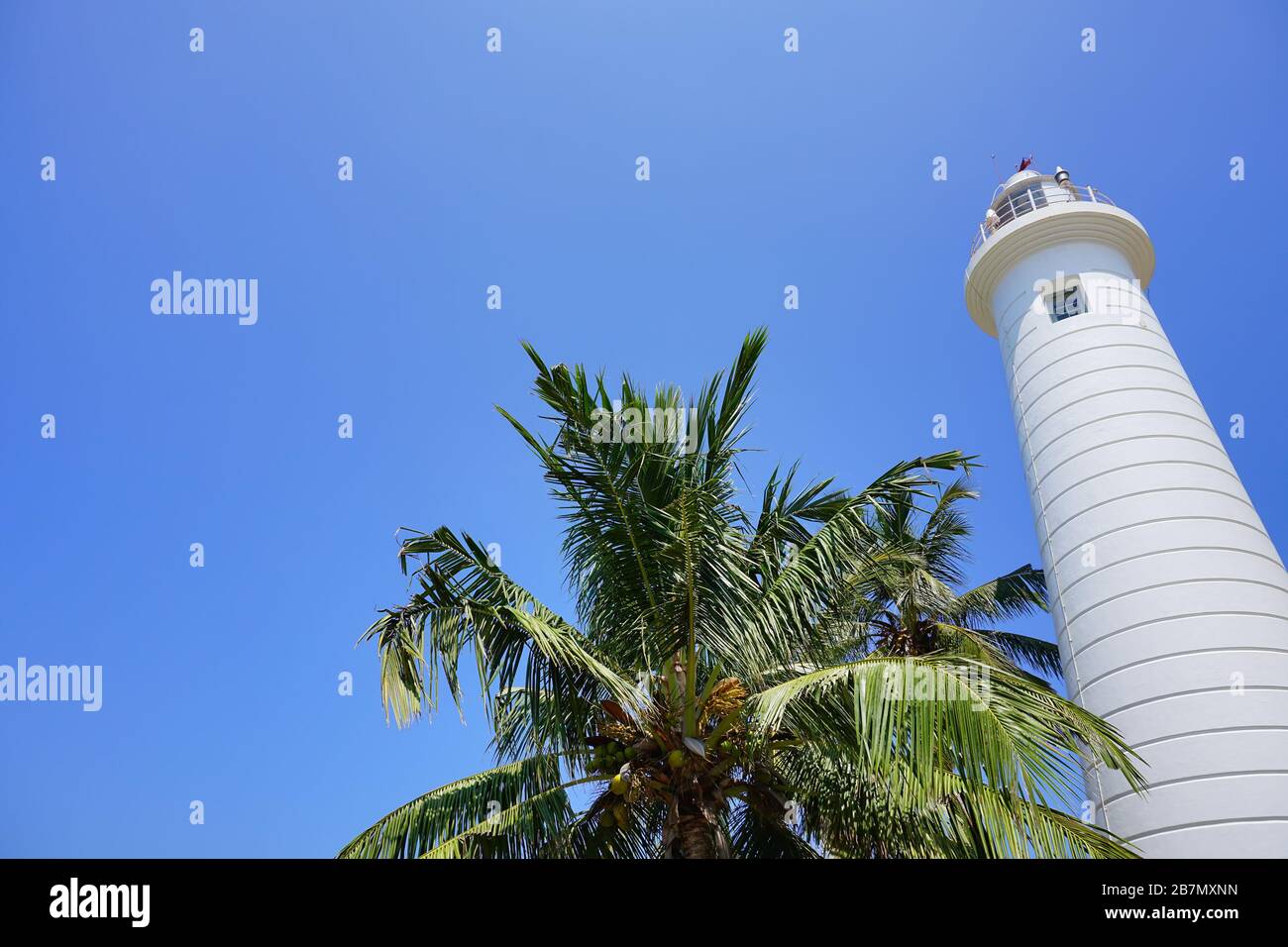 Un bel vecchio faro bianco a Galle, un cielo blu e una corona di palme da cocco. La bellezza dell'architettura coloniale portoghese in Sri Lanka. Foto Stock