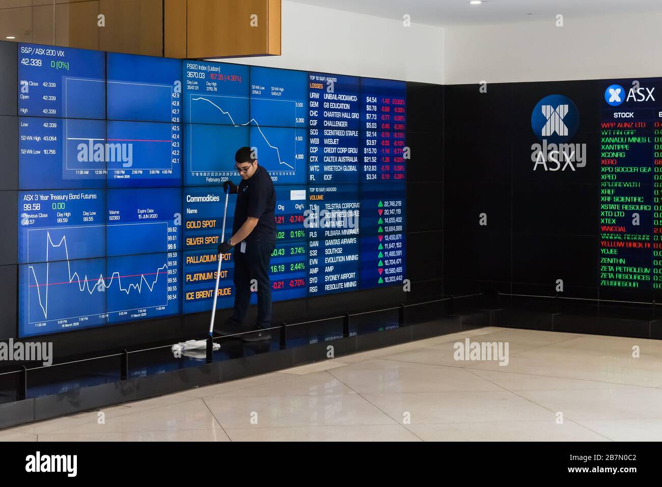 L'Australian Securities Exchange nel Central Business District di Sydney è molto vuoto a causa dell'epidemia di Coronavirus, con pochissimi worke da ufficio Foto Stock