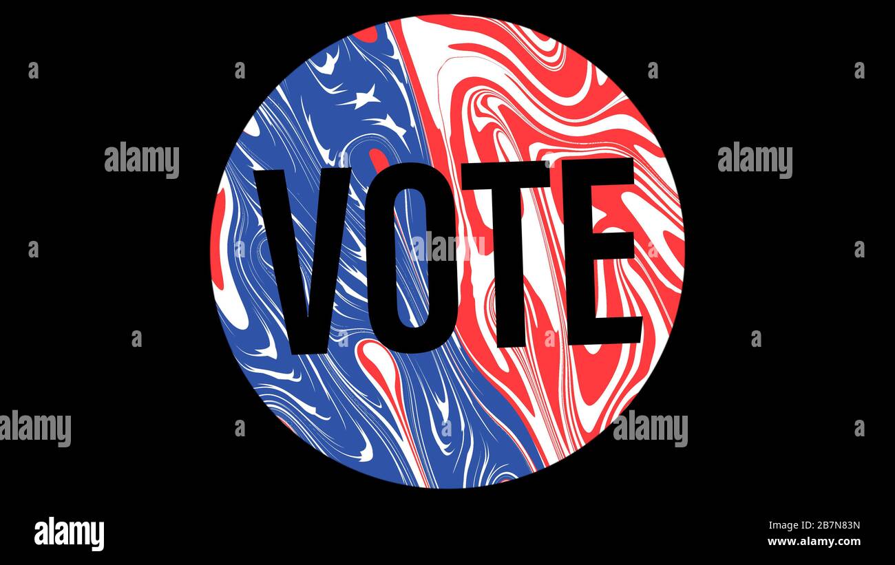 PULSANTE VOTA logo, volantino rotondo design piatto per la campagna degli stati Uniti. USA voto elettorale americano. Bandiera DEGLI STATI UNITI Foto Stock