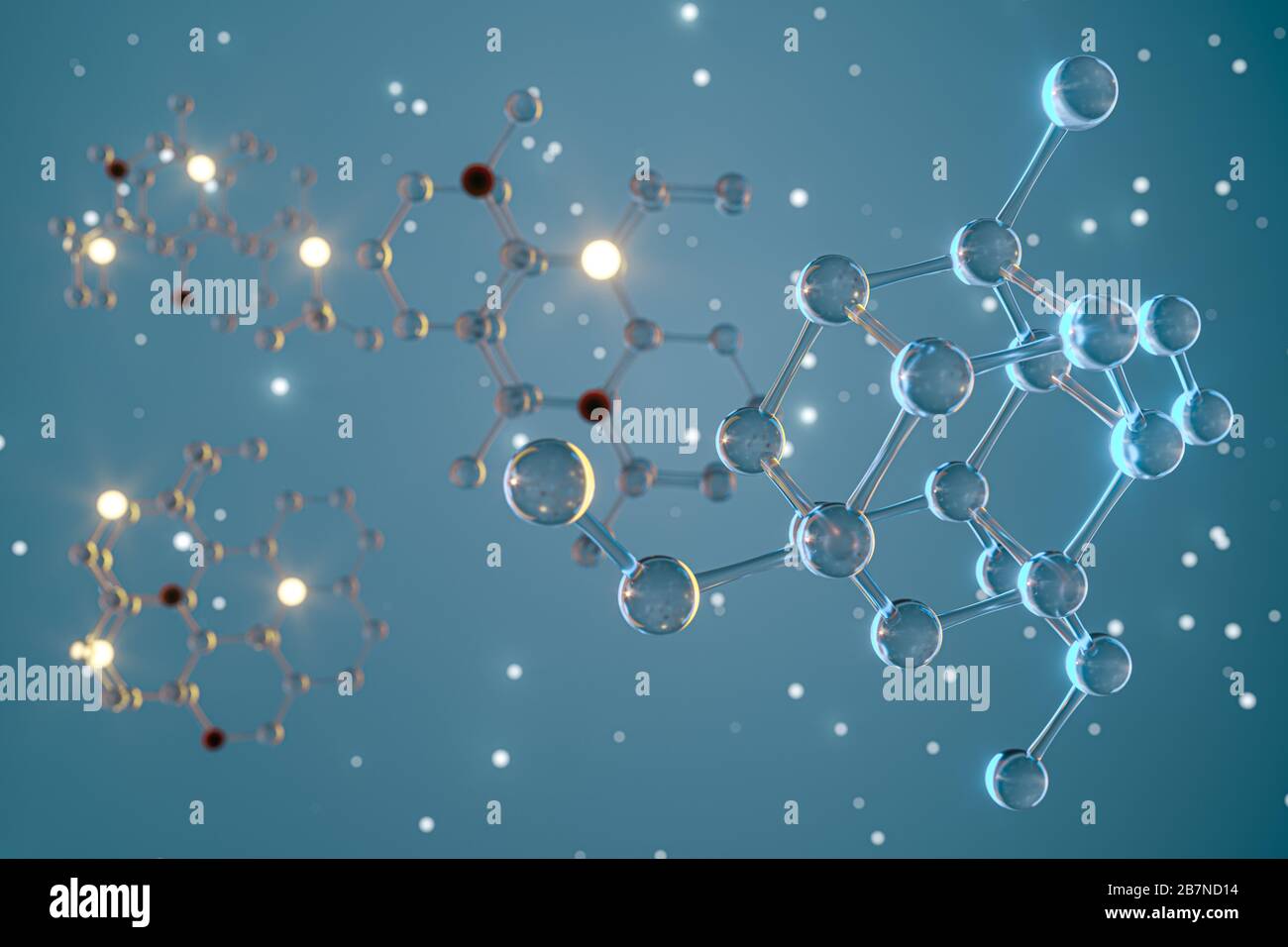 Molecole e biologia, concetto biologico, rendering 3d. Disegno digitale per computer. Foto Stock
