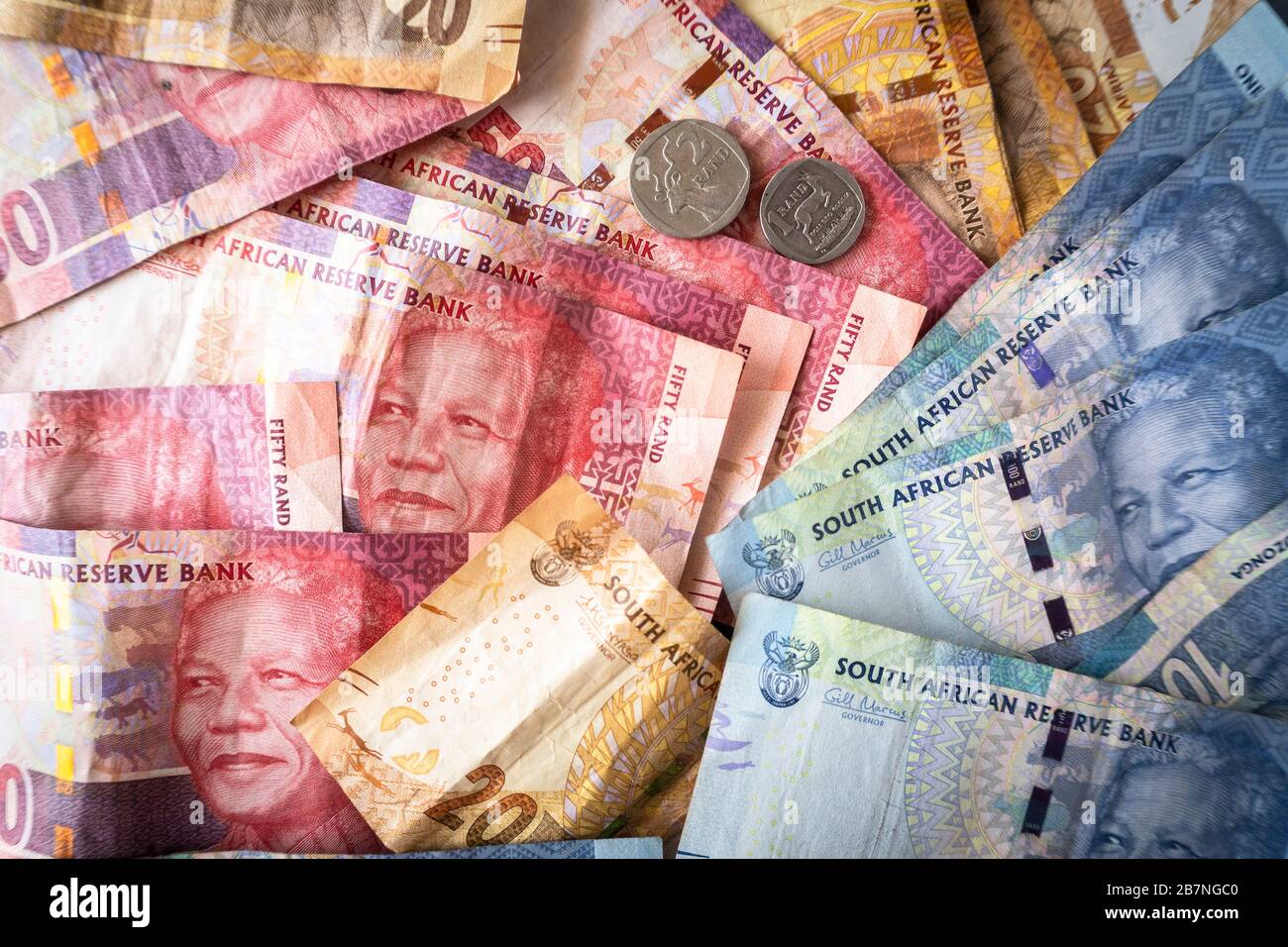 Valuta utilizzata in Sud Africa con ritratto di Nelson Mandela Foto Stock