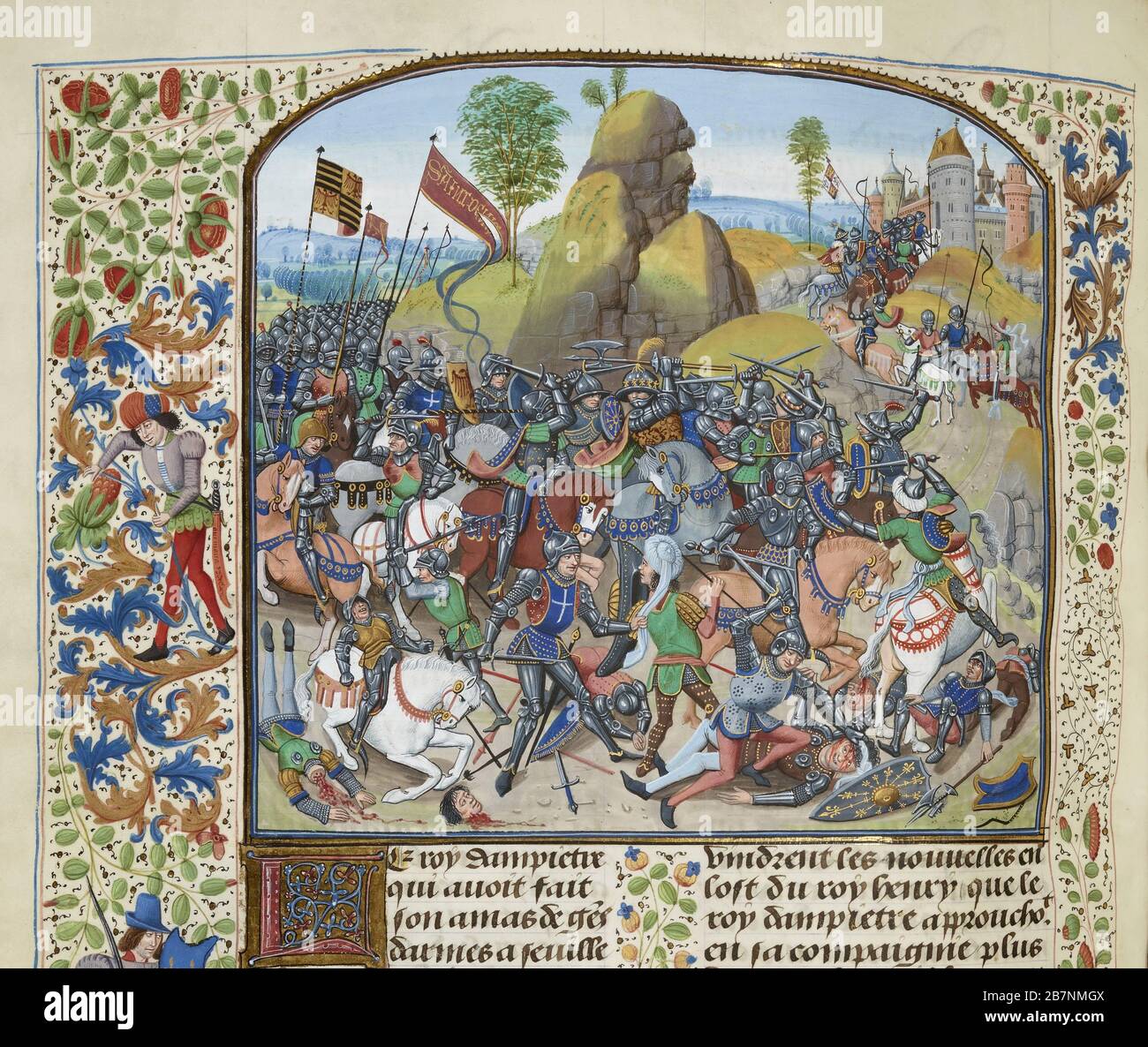 La battaglia di Montiel nel 1369 (miniatura delle Grandes Chroniques de France di Jean Froissart), ca 1470-1475. Trovato nella Collezione di Biblioth&.xe8;que Nationale de France. Foto Stock