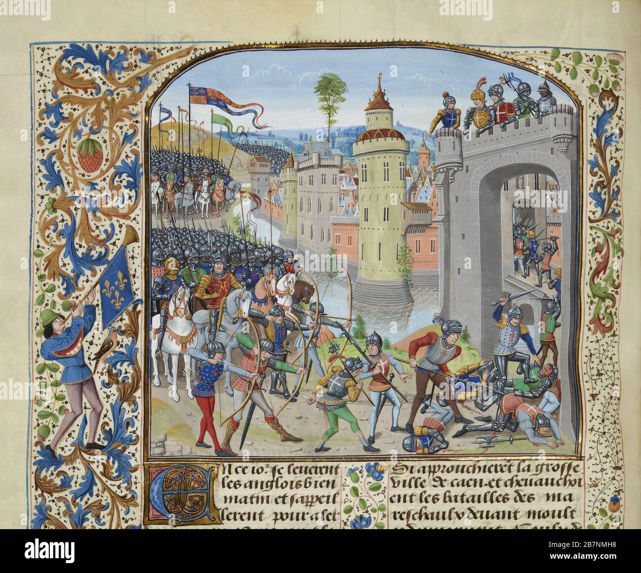 La battaglia di Caen nel 1346 (miniatura delle Grandes Chroniques de France di Jean Froissart), ca 1470-1475. Trovato nella Collezione di Biblioth&.xe8;que Nationale de France. Foto Stock