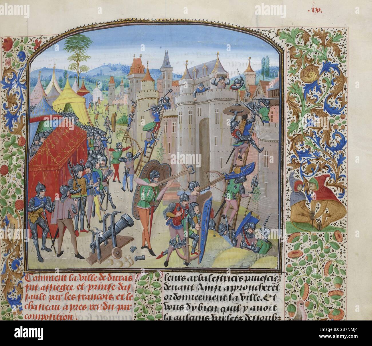 Assedio del ch& xe2;teau de Duras da parte dei francesi nel 1377 (miniatura delle Grandes Chroniques de France di Jean Froissart), ca 1470-1475. Trovato nella Collezione di Biblioth&.xe8;que Nationale de France. Foto Stock