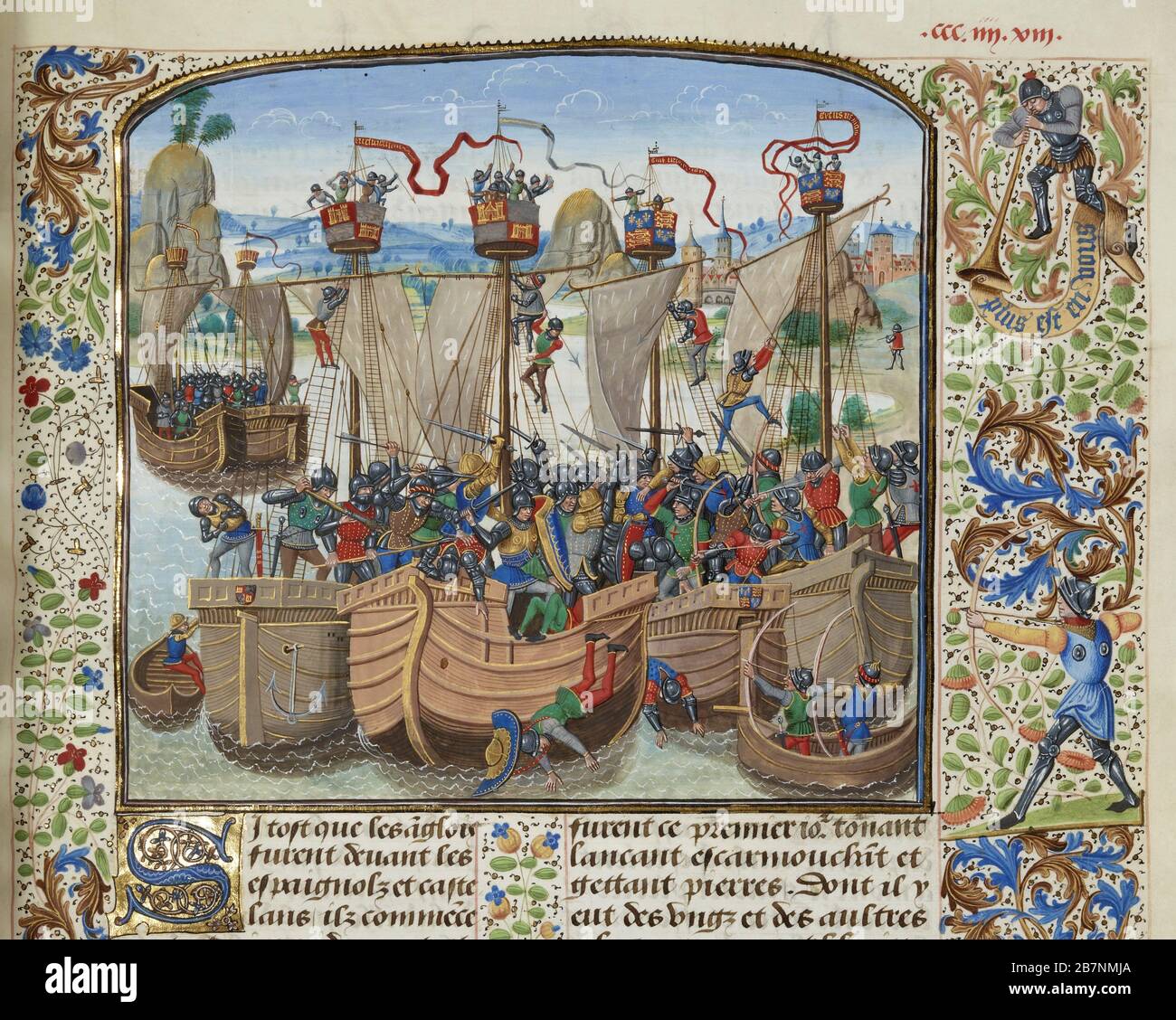 La battaglia di la Rochelle, 1372 (miniatura delle Grandes Chroniques de France di Jean Froissart), ca 1470-1475. Trovato nella Collezione di Biblioth&.xe8;que Nationale de France. Foto Stock