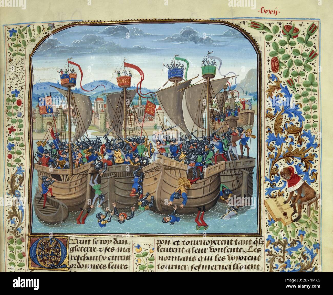 La battaglia di Sluys il 24 giugno 1340 (miniatura delle Grandes Chroniques de France di Jean Froissart), 1470-1475 ca. Trovato nella Collezione di Biblioth&.xe8;que Nationale de France. Foto Stock