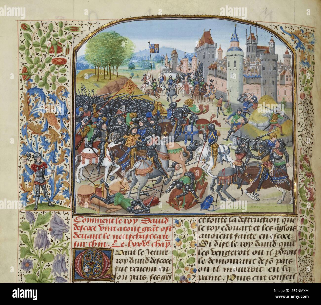 La battaglia della Croce di Neville il 17 ottobre 1346 (miniatura delle Grandes Chroniques de France di Jean Froissart), ca 1470-1475. Trovato nella Collezione di Biblioth&.xe8;que Nationale de France. Foto Stock
