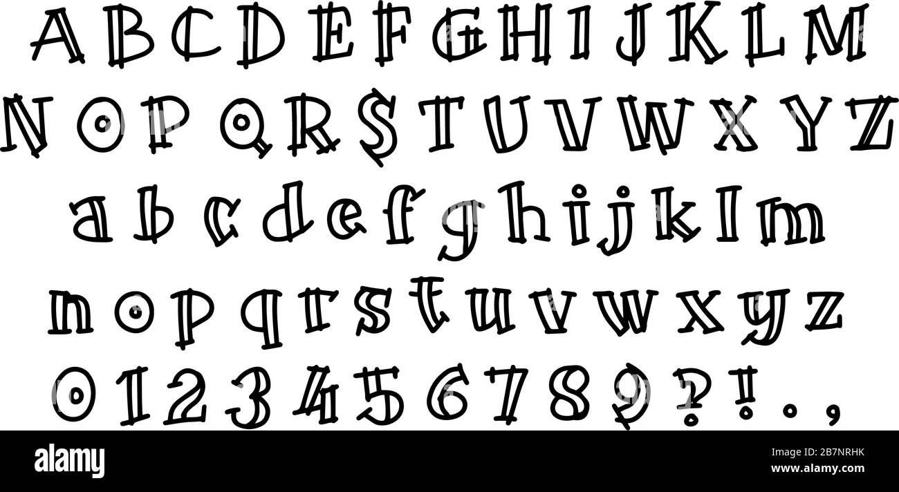 Alfabeto latino disegnato a mano vettoriale isolato su sfondo bianco. Le lettere sono contornate in nero. Illustrazione Vettoriale