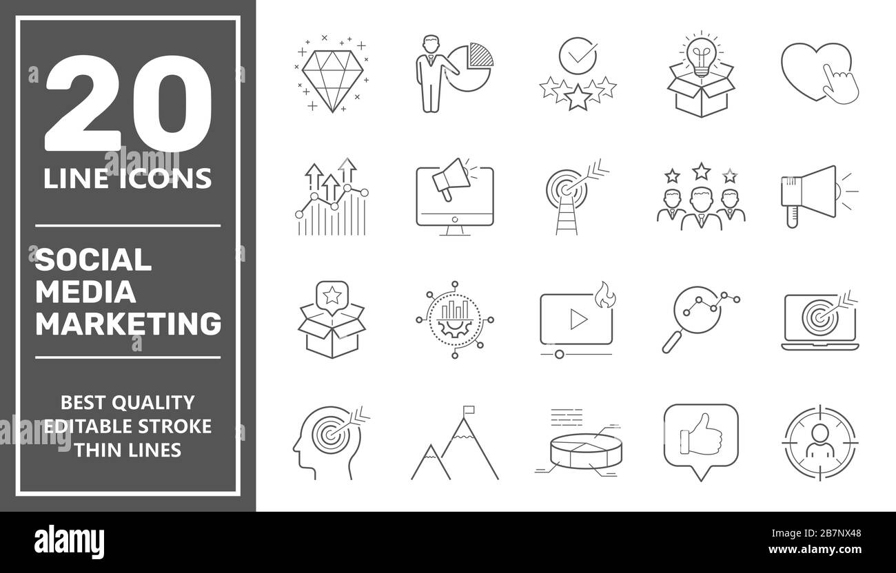 Icone di social media marketing, icone SMM set collection. Include elementi semplici come contenuti, Video Marketing, targeting pubblicitario, Audience Marketing Illustrazione Vettoriale