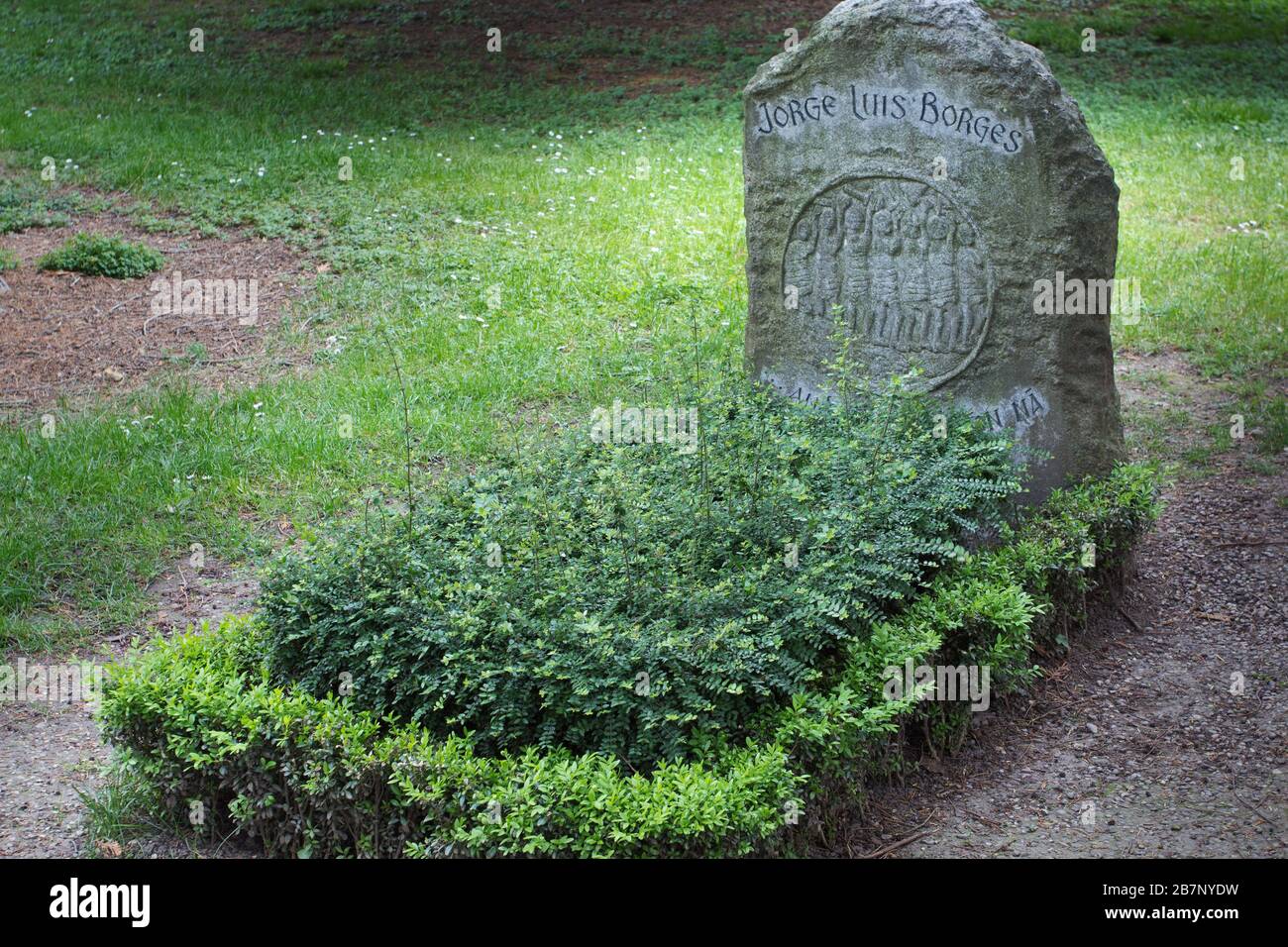 Lapide di Jorge Luis Borges, Cimetière des Rois (Cimitero dei Re), Plaimpalais, Ginevra, Svizzera Foto Stock