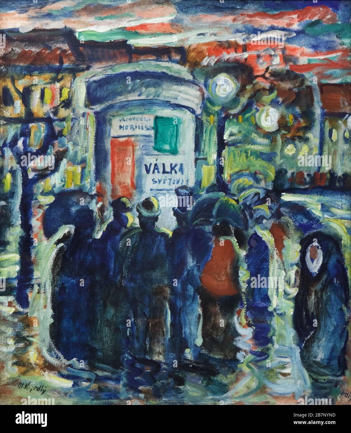 Dipinto del pittore modernista ceco Otakar Nejedlý dal titolo 'dalla strada' (1914) in mostra alla mostra permanente della Galleria Nazionale (Národní galerie) nel Veletržní palác (Palazzo della Fiera) di Praga, Repubblica Ceca. Persone che leggono il manifesto 'ai miei popoli!' (Mým národům!) Firmato dall'imperatore Francesco Giuseppe i d'Austria-Ungheria il 28 luglio 1914 ha annunciato la dichiarazione della prima guerra mondiale sono raffigurati nel dipinto. Centro di Praga poi l'impero austro-ungarico, ora la capitale della Repubblica Ceca è raffigurata nel dipinto. Foto Stock