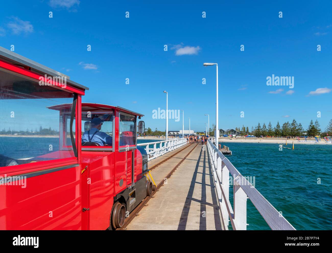 Il treno turistico Stockton Preston Express su Busselton Jetty, Busselton, Australia Occidentale, Australia Foto Stock