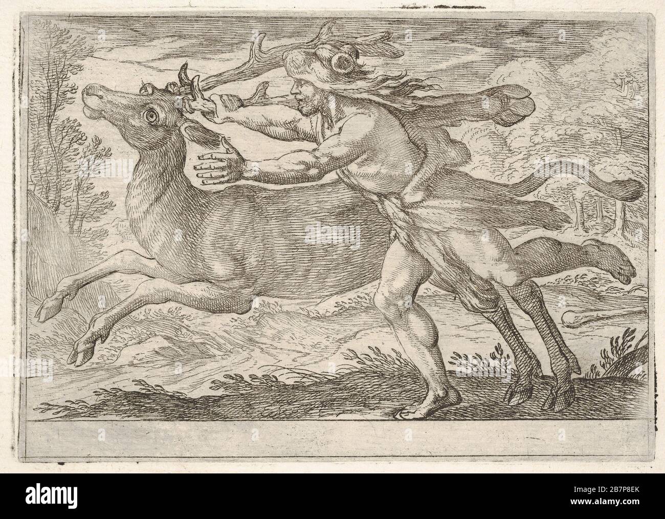Hercules e la crosta del Monte Cerynea: Hercules costeggia la crosta e afferra la base di una corna con la mano destra, dalla serie 'i Labori di Ercole', 1608. Foto Stock