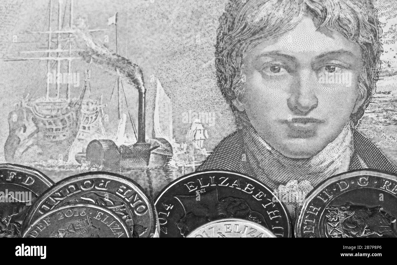 Monete britanniche sulle nuove banconote da 2020 £20 polimeri Foto Stock