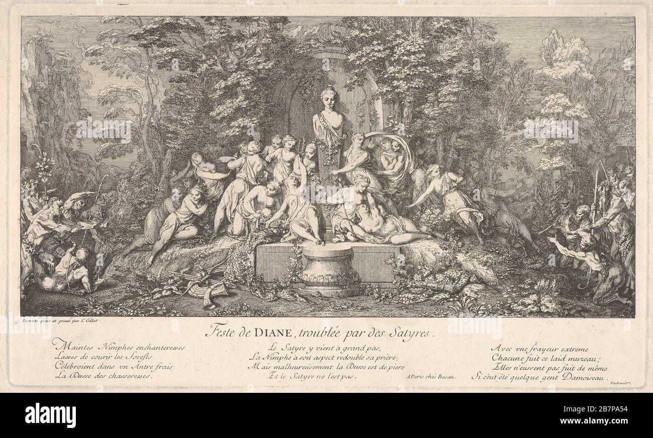 La festa di Diana, interrotta da satiri (Feste de Diane, trobl& xe9;e par des Satires): Ninfe raccolte intorno al busto di Diana in una nicchia di pietra al centro, sorpreso dall'arrivo di satiri da entrambi i lati, da 'Les Bacchanales; Quatres Festes', ca. 1786. Foto Stock