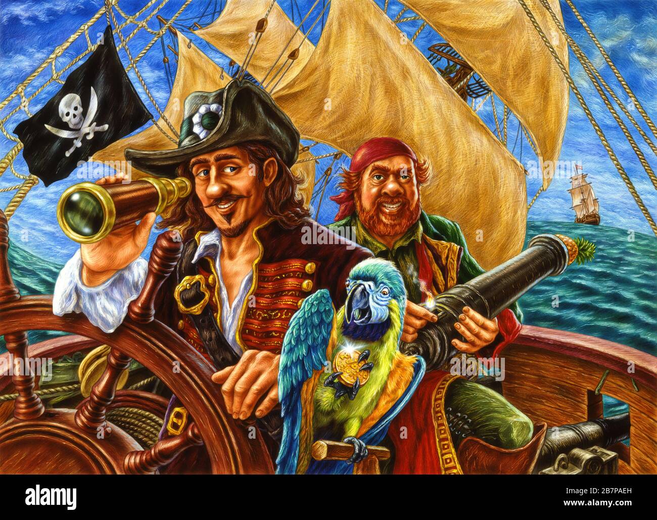 Illustrazioni ironia, pirati, isola del tesoro, pirata, vela, volante Foto Stock