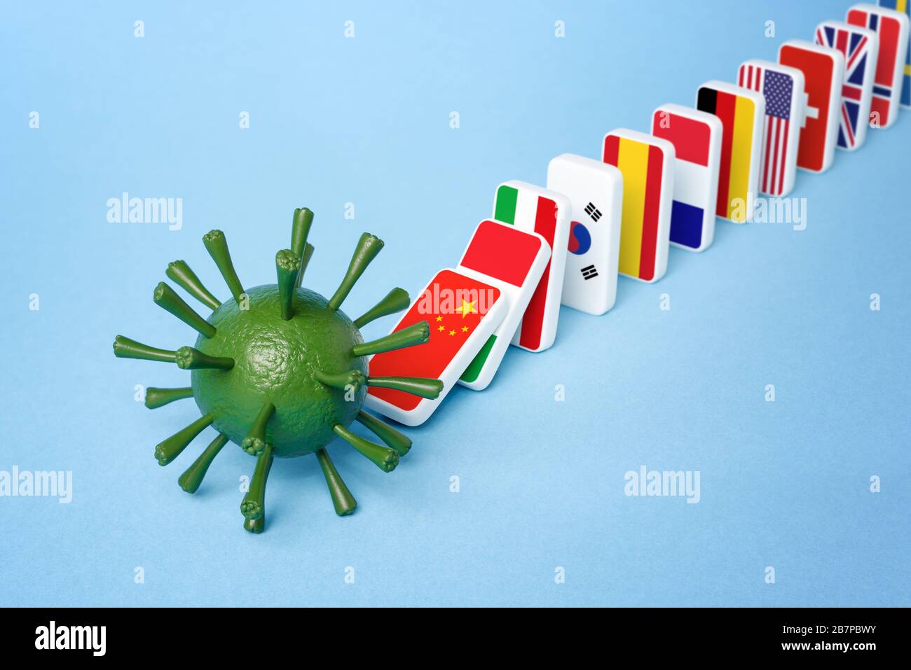 Diffusione mondiale della malattia di Coronavirus. COVID-19 pandemia. Effetto Domino Foto Stock