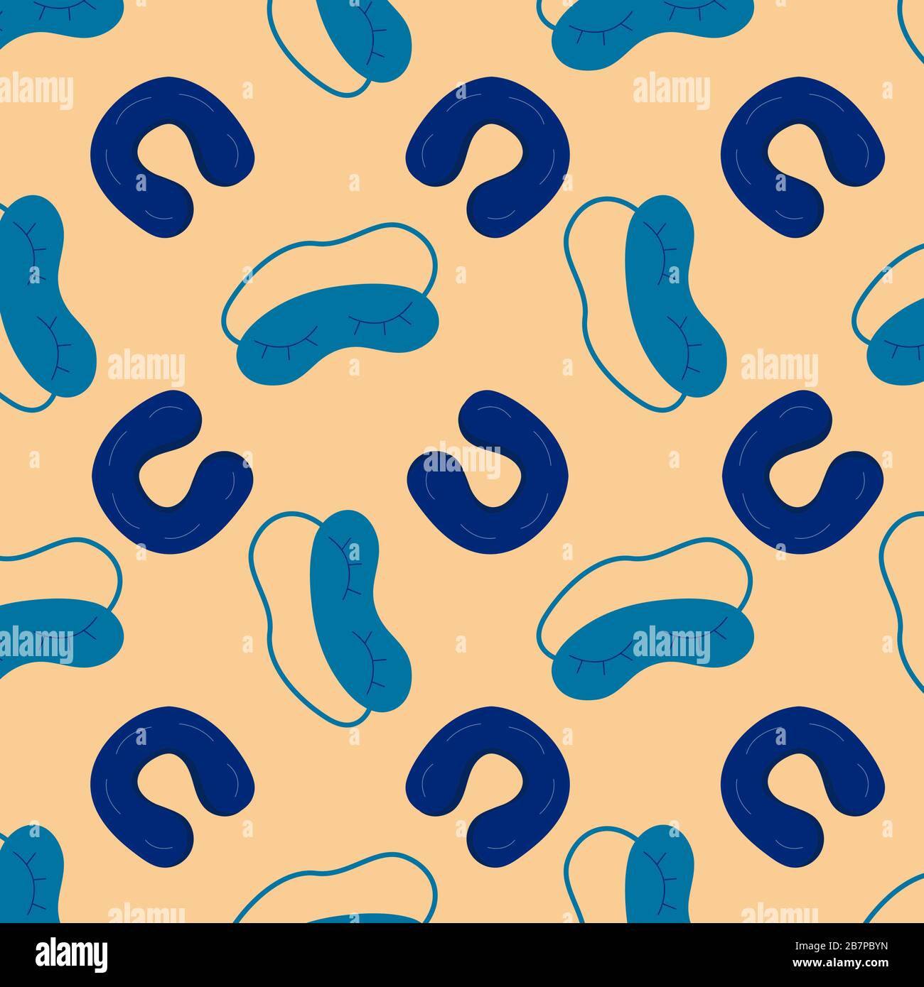 Modello senza cuciture con maschera per gli occhi e cuscino gonfiabile per dormire durante i viaggi su uno sfondo beige. Adatto come carta da imballaggio, stampa in tessuto Illustrazione Vettoriale