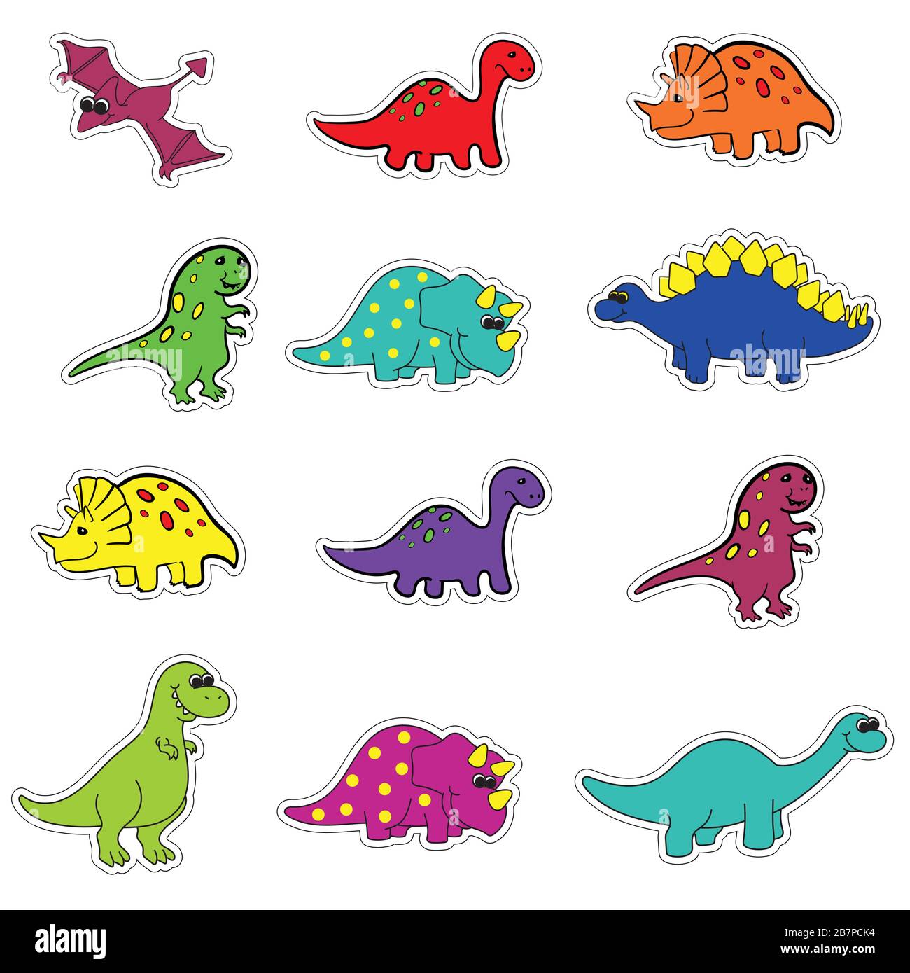 simpatico cartoon colorato varietà di adesivi dinosauri con contorno per il  taglio, vettore. Tyrannosaurus, Diplodocus, stegosaurus, Triceratops  Immagine e Vettoriale - Alamy