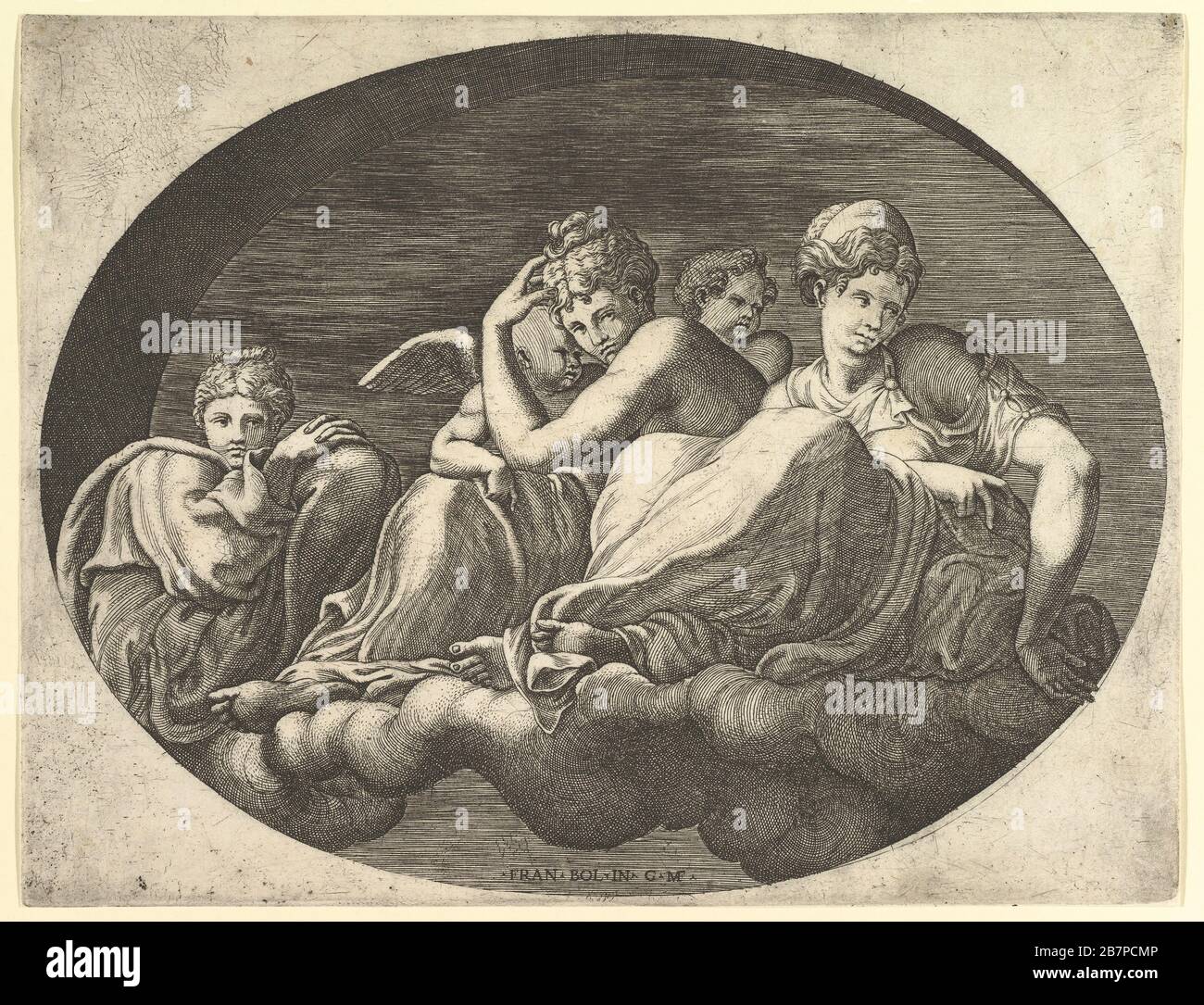 Venere e Cupido, altre due Dee, e un Putto, da una serie di otto composizioni secondo i disegni di Francesco Primaticcio per il soffitto della Galleria Ulisse (distrutta 1738-39) a Fontainebleau , 1560. Foto Stock