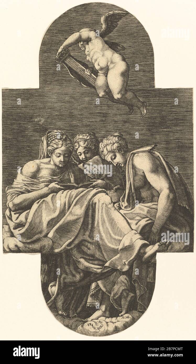 Tre Muse e un putto con lira, da una serie di otto composizioni secondo i disegni di Francesco Primaticcio per il soffitto della Galleria Ulisse (distrutta 1738-39) a Fontainebleau, 1560. Foto Stock