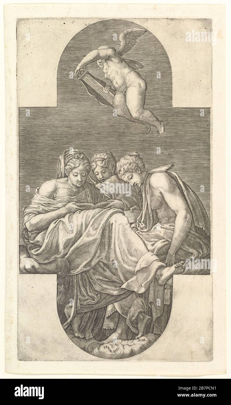Tre Muse e un Putto con una Lyre, una composizione crociforme, da una serie di otto composizioni secondo i disegni di Francesco Primaticcio per il soffitto della Galleria di Ulisse (distrutta 1738-39) a Fontainebleau, 1560. Foto Stock