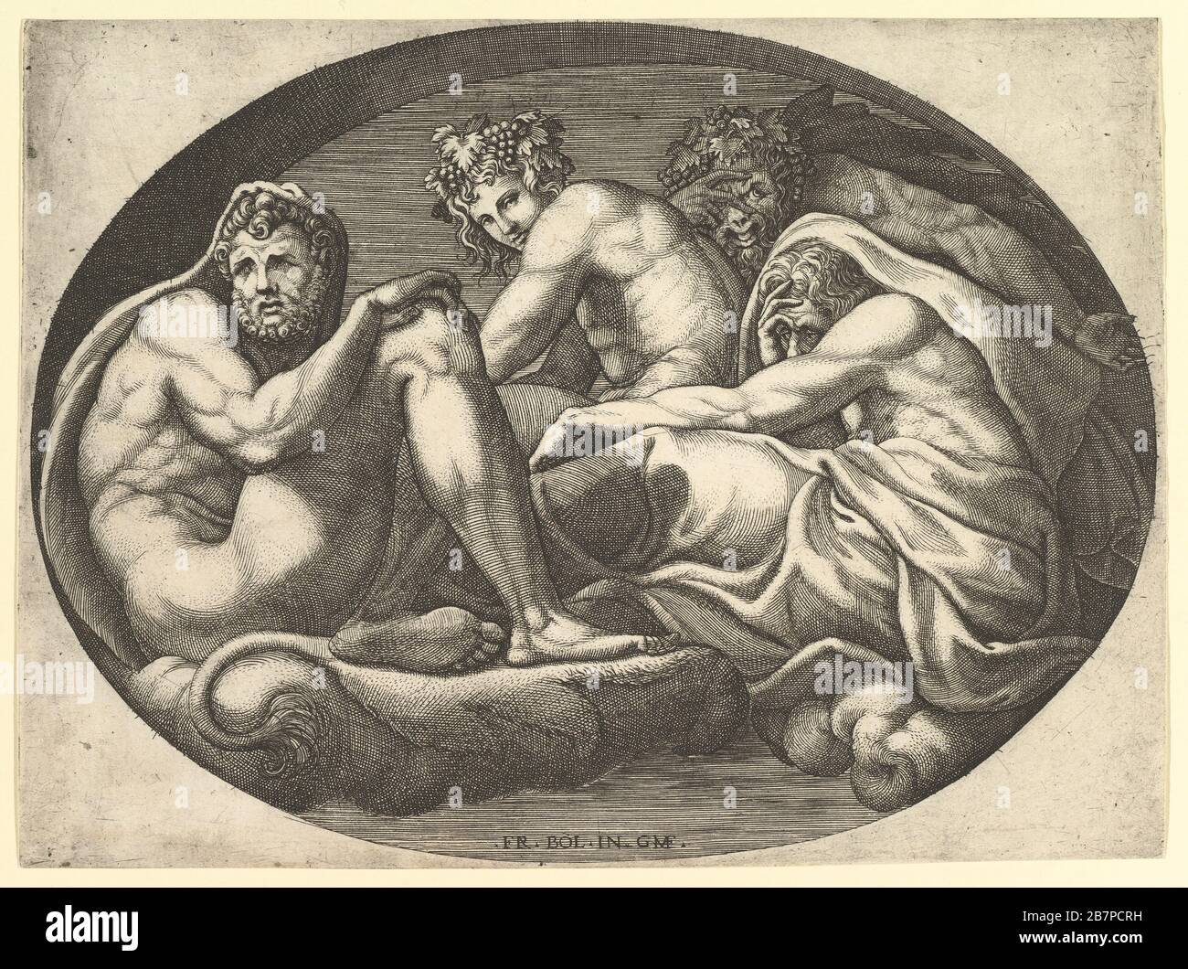 Ercole, Bacco, Pan e Saturno, da una serie di otto composizioni secondo i disegni di Francesco Primaticcio per il soffitto della Galleria Ulisse (distrutta 1738-39) a Fontainebleau , 1560. Foto Stock