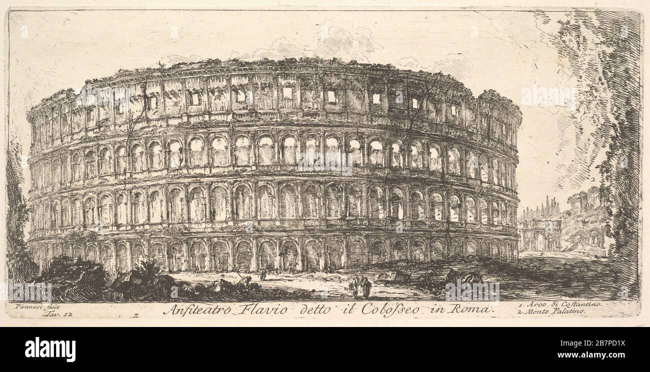 Targa 12: Anfiteatro flaviano, detto Colosseo. 1. Arco di Costantino. 2. Colle Palatino. (Anfiteatro Flavio detto il Colosseo a Roma. 1. Arco di Costantino. 2. Monte Palatino.), ca. 1748. Foto Stock