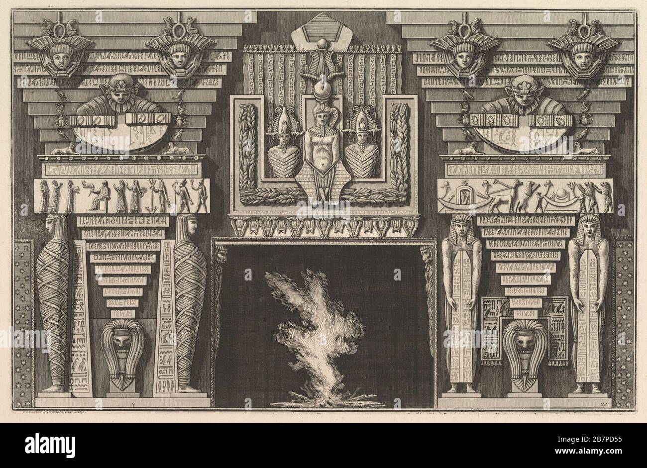 Pezzo di Chimneypiece in stile egiziano: Due mummie in profilo a sinistra e due figure che si avvicinano obelischi a destra (CH. Xe0; l'& xe8;gyptienne), da Maniere d'adornare i cammini ed ogni altra parte degli edifizi...(modi diversi di ornare i chimneypieces e tutte le altre parti delle case), ca. 1769. Foto Stock