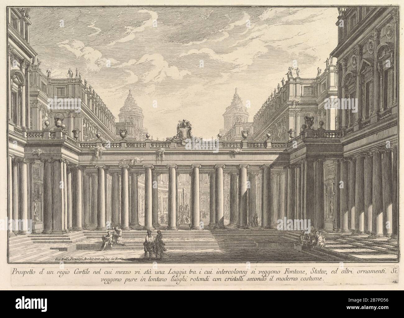 Vista su un cortile con loggia, fontane, statue e altri ornamenti (Prospetto d'un regio cortile nel mezzo vi st&.xe0; una Loggia . . .), ca. 1750. Foto Stock