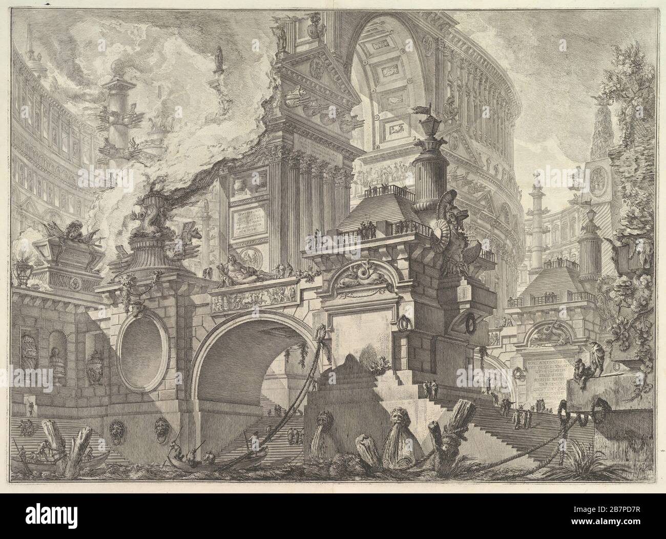 Parte di ampio magnifico Porto all'uso degli antichi Romani, dove si scuopre l'interno della gran Piazza del Comercio... (Parte di un ampio e magnifico Porto per l'uso degli antichi Romani che si apre su una grande piazza del mercato...), dalle opere varie di Archiettura, prosperose, grotteschi, antichit& n. xe0; inventate, ed incise da Giambattista Piranesi architetto Veneziano (varie opere di architettura, prospettive, grottesche, antichità; Disegnato e inciso da Giambattista Piranesi, architetto veneziano), ca. 1749-50. Foto Stock