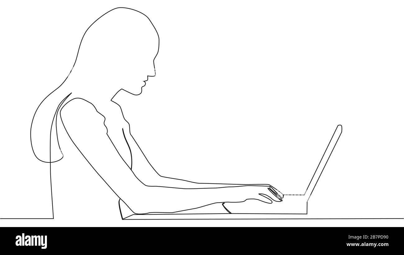 disegno continuo della donna seduta con computer portatile Illustrazione Vettoriale