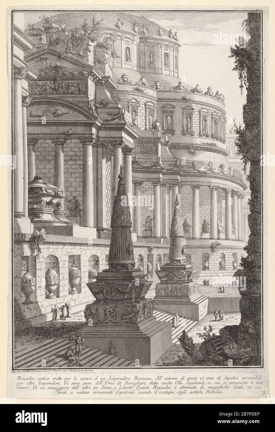 Piastra 3: 'Antico mausoleo eretto per le ceneri di un imperatore romano' (Mausoleo antico eretto per i ceneri d'un imperadore romano), dalla serie 'parte uno di architettura e prospettive: Disegnato e inciso da Gio. BATT'a Piranesi, architetto veneziano: Dedicato a Nicola Giobbe' (prima parte di architettura, e inventato prospero, ed incise da Gio. BATT'a Piranesi architetto Veneziano dedica al Sig. Nicola Giobbe), 1743. Foto Stock
