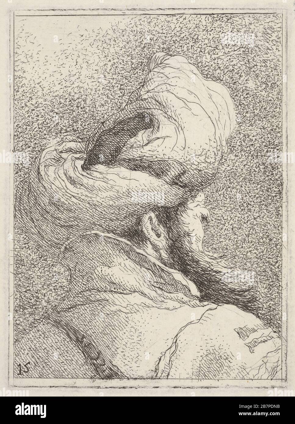 Uomo barbuto che indossa un turbante, raffigurato in lunghezza busto da dietro in tre quarti di vista, dalla serie 'Collezione di teste' (Raccolta di teste), ca. 1770. Foto Stock