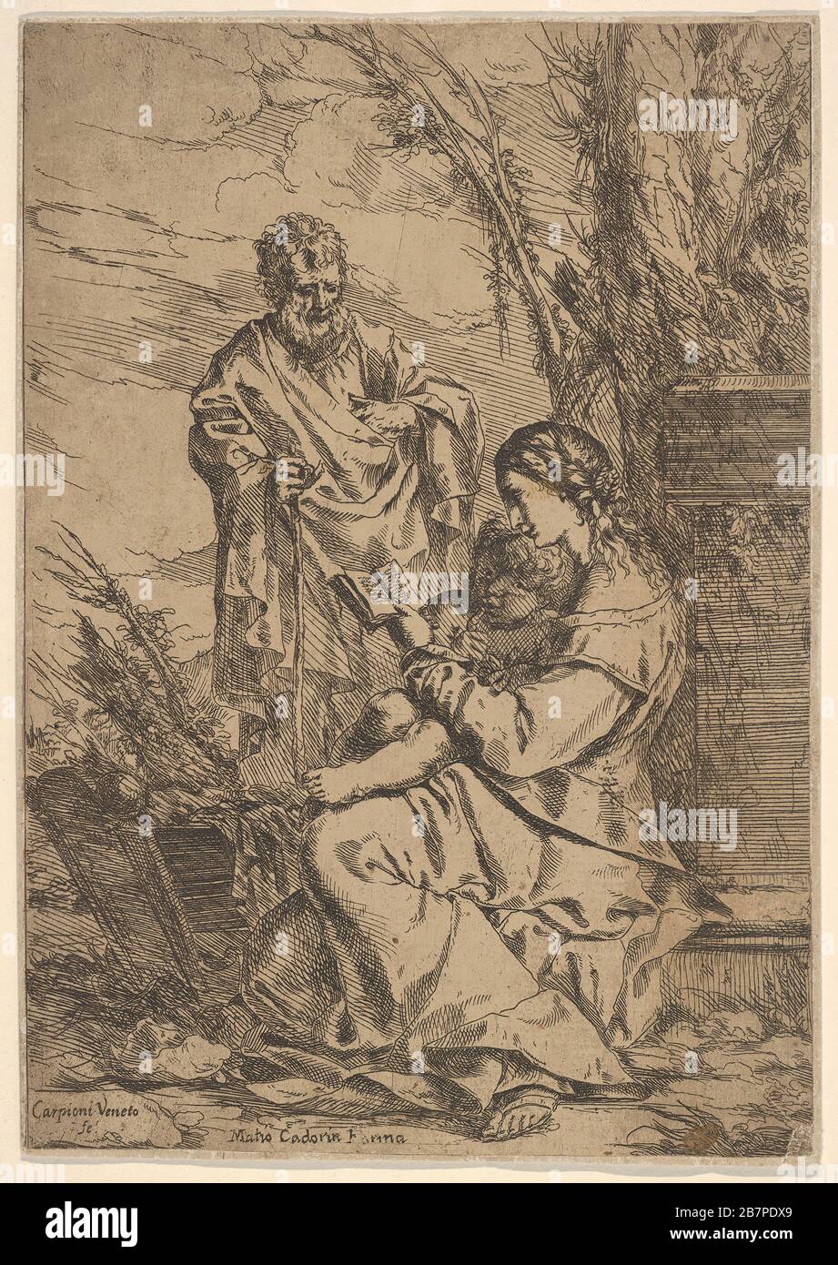 Sacra Famiglia con la lettura della Vergine, la Vergine siede in profilo con un libro nella sua mano sinistra e il Bambino di fronte allo spettatore, Joseph si alza dietro di loro con un bastone nella sua mano destra, 1640-60. Foto Stock