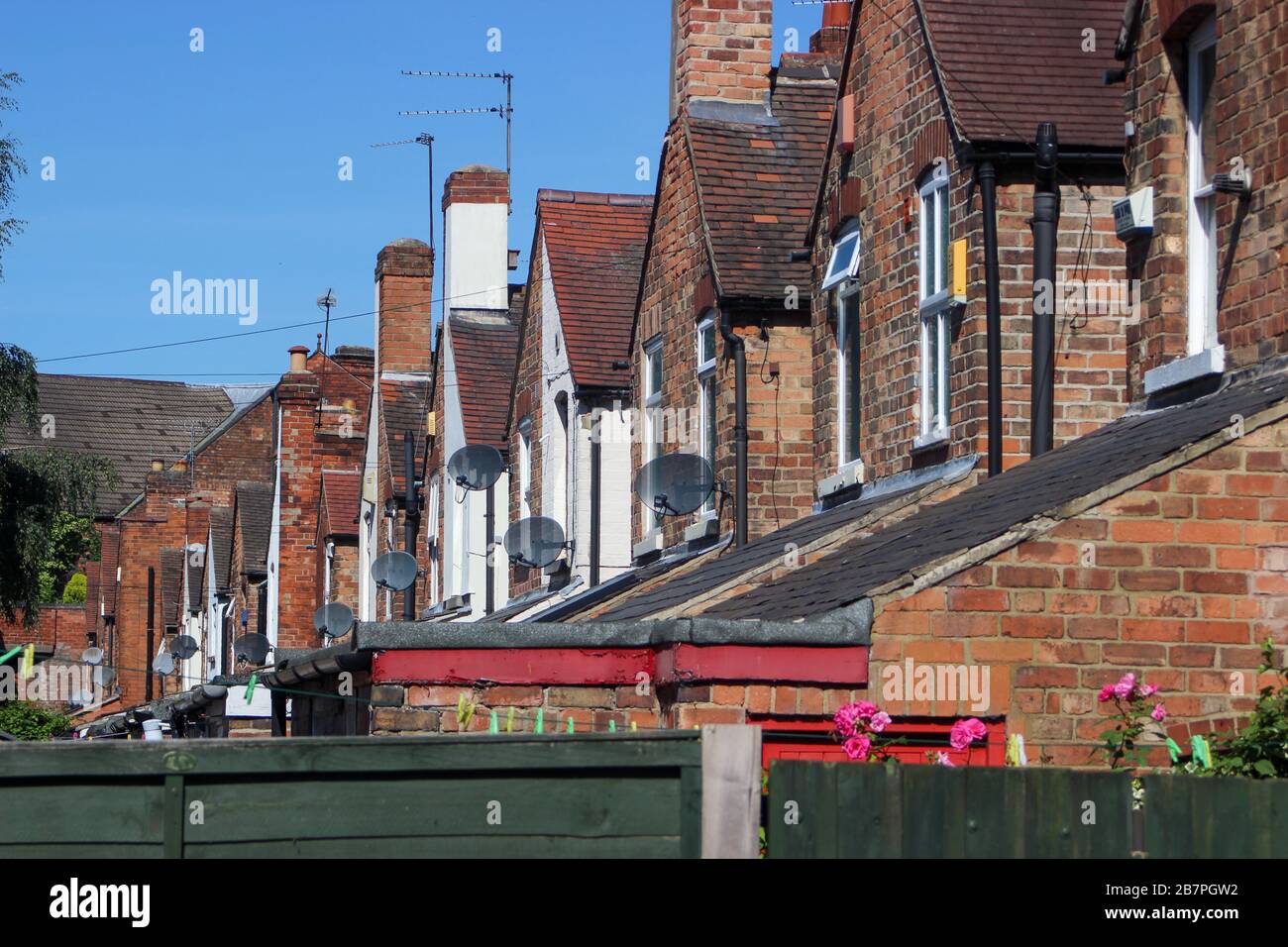 Row of British Terraced house backsides in Derby, Inghilterra, Gran Bretagna, Regno Unito Foto Stock