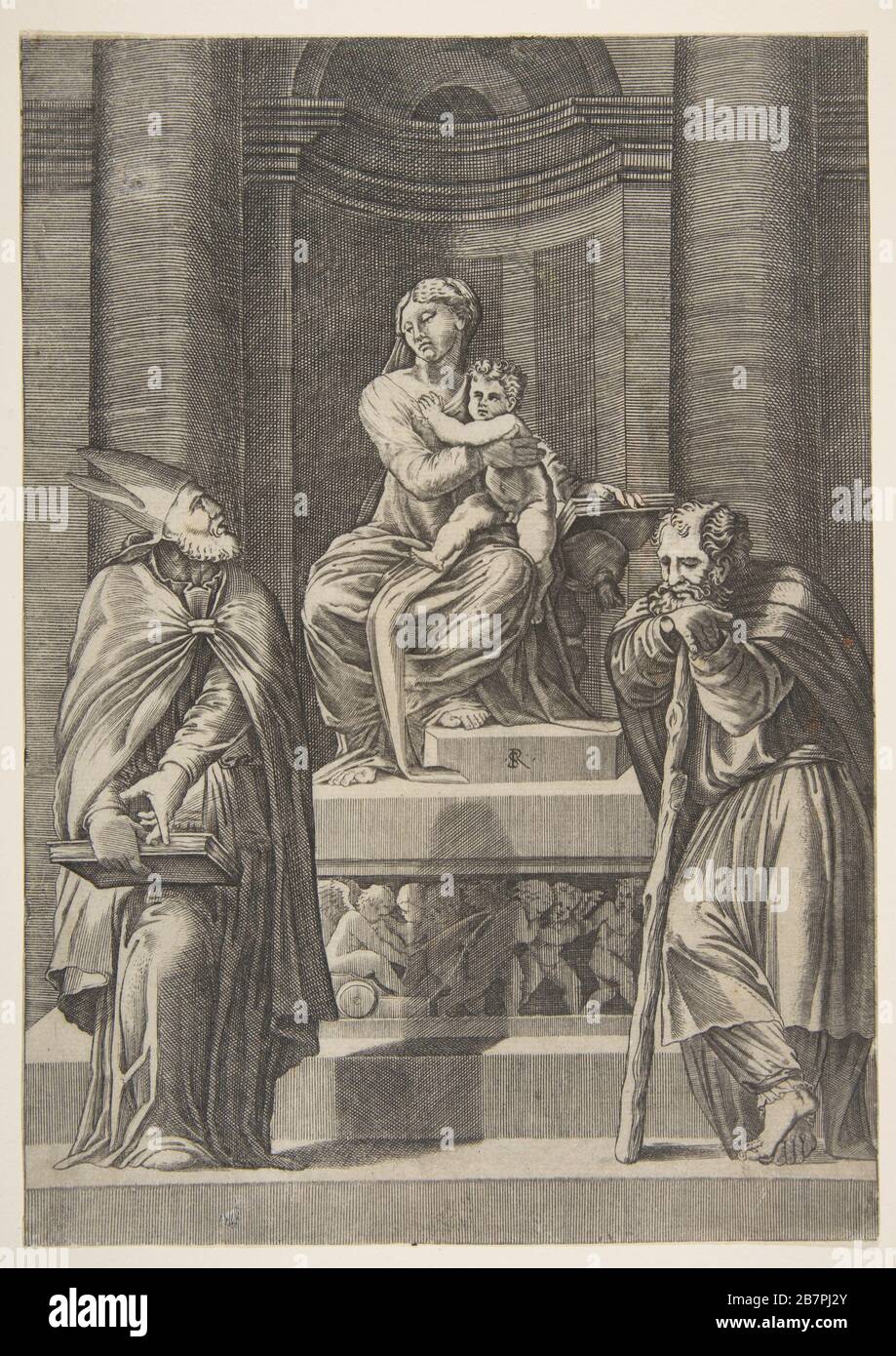 San Giuseppe a sinistra e un vescovo a destra davanti all'altare della Vergine e del Cristo Bambino, ca. 1515-27. Foto Stock