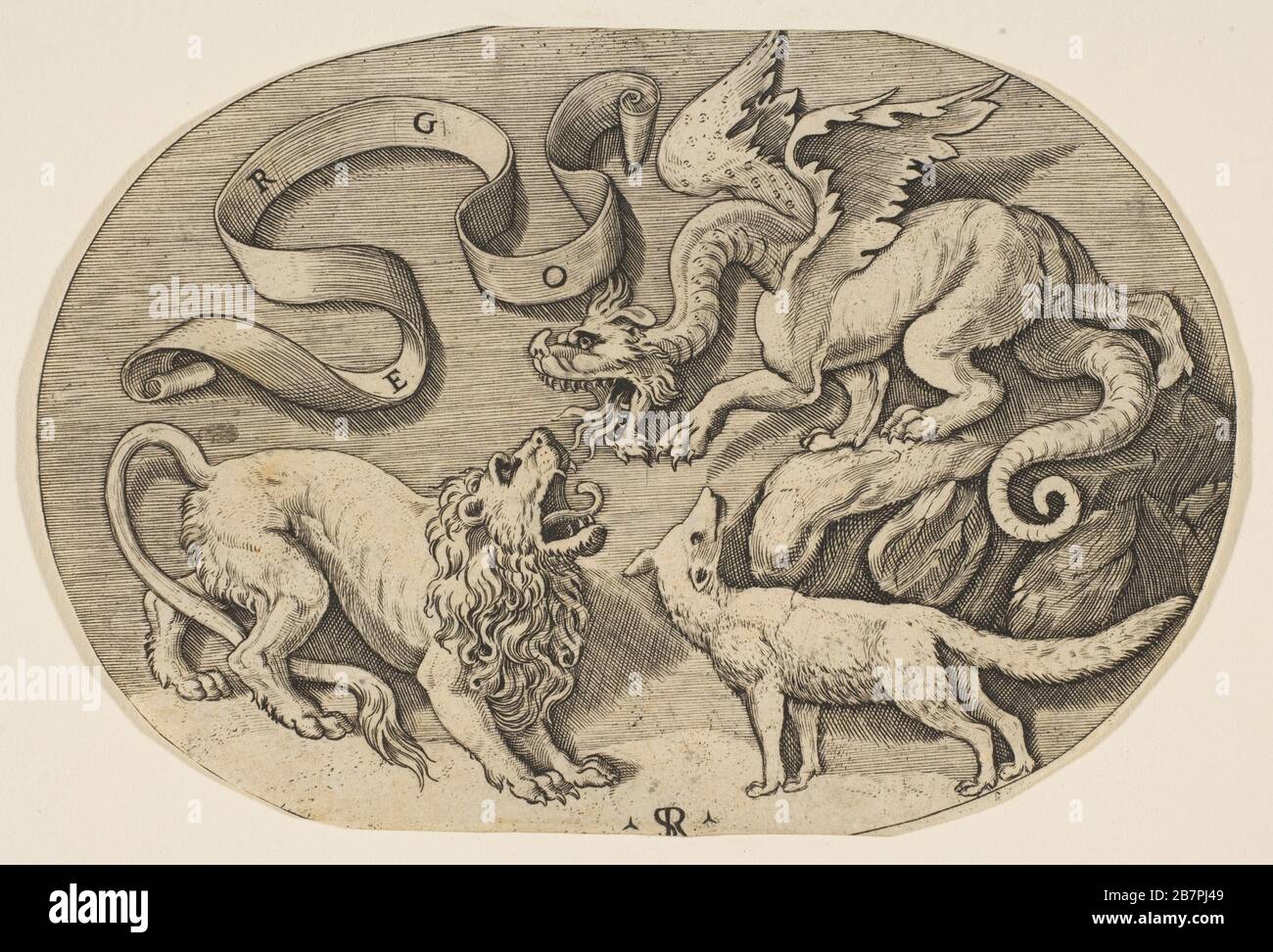 Un leone, drago e volpe che si combattono, un banderolo inscritto sopra, una composizione ovale, ca. 1515-27. Foto Stock