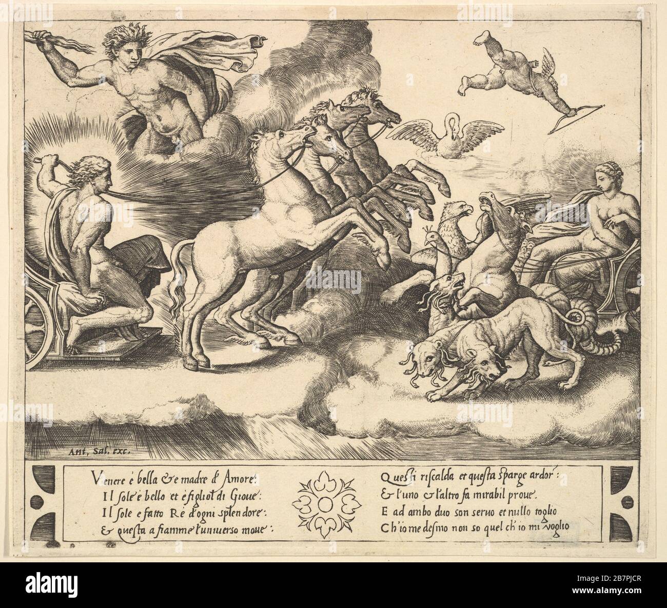 Apollo nel suo carro trainato da cavalli a sinistra, sopra di lui Giove lancia una thunderbolt, Venere a destra nel suo carro trainato da animali, 1530-60. Foto Stock