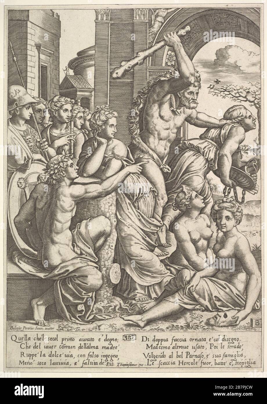 Invidia o avarizia alla destra essendo guidato dal tempio delle Muse da Ercole che solleva un club, le muse che guardano da sinistra, 1530-60. Foto Stock