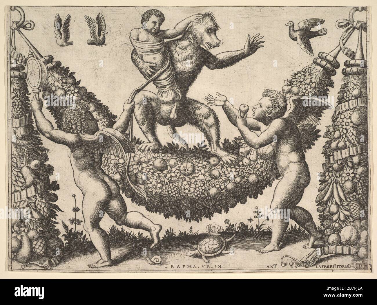 Una scimmia che tiene un putto legato in piedi su una ghirlanda di fronte al quale sono due putti alato, da una serie di arazzi fatti per Leone X, 1530-60. Foto Stock