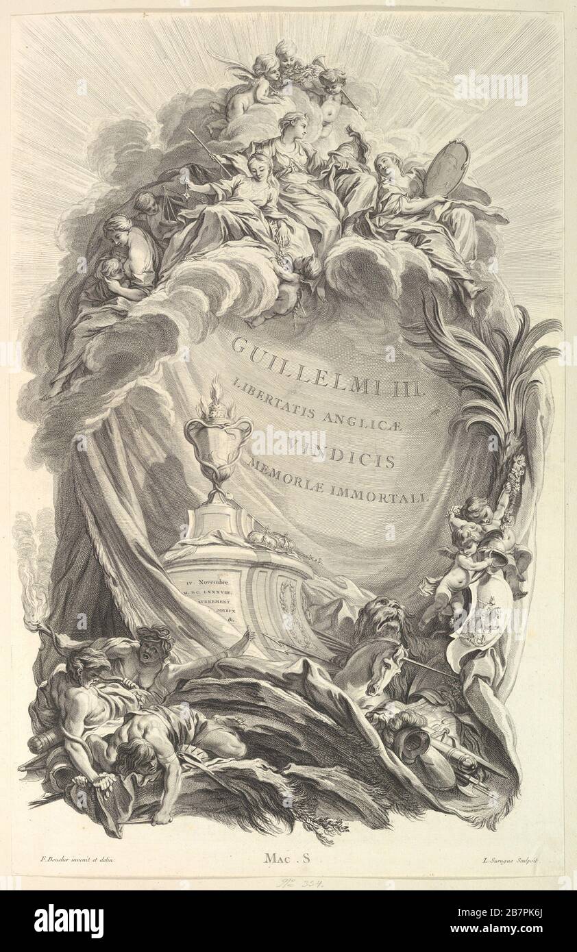 Frontispice pour le "Tombeau de Guillaume III" (frontespizio per la Tomba di Guglielmo III), da Tombeaux des Princes, des Grands Capitaines et autres Hommes illustrres (Tombi di principi, grandi capitani e altri illustri), ca. 1736. Dopo Francois Boucher Foto Stock