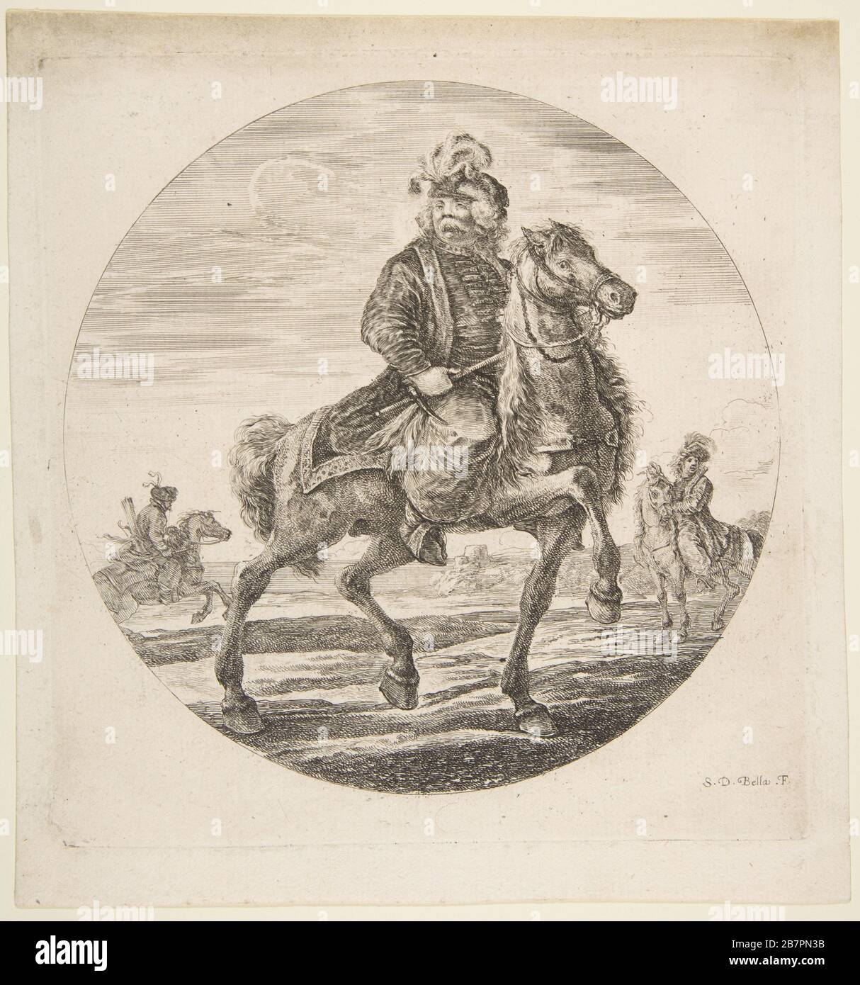 Cavaliere ungherese che corre verso destra, altri cavalieri sullo sfondo, una composizione circolare da 'Figure su Cavaliers' (Cavaliers n&.xe8;gres, polonais et hongrois), ca. 1651. Foto Stock