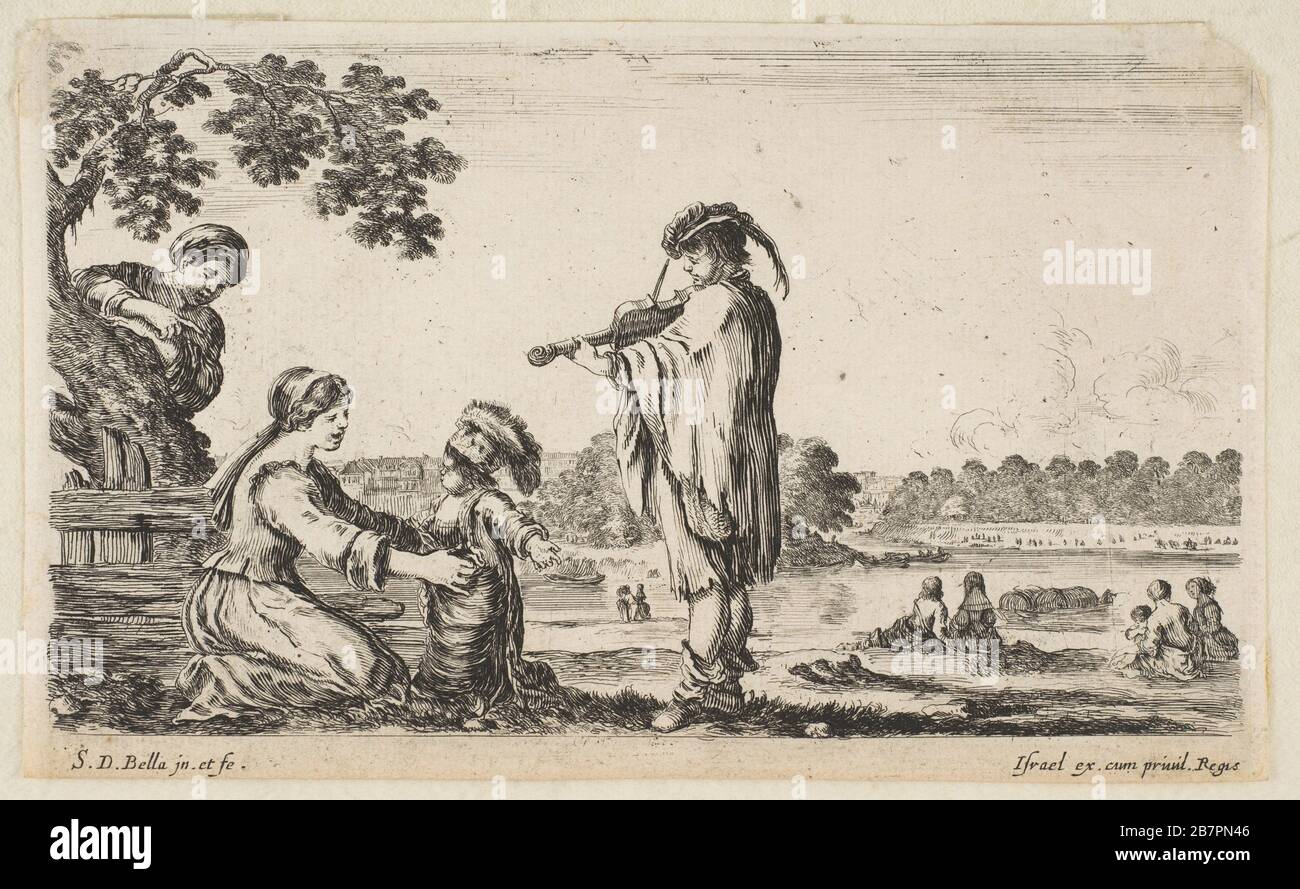 Un uomo che gioca il violino al centro, girato verso sinistra nel profilo, una donna seduta a sinistra che gioca con il suo bambino danzante, un'altra donna che sta in piedi e che punta dietro un albero a sinistra, donne sedute in un paesaggio a destra sullo sfondo, da 'figure varie e terre' (Figura diversa e paesi), 1649. Foto Stock